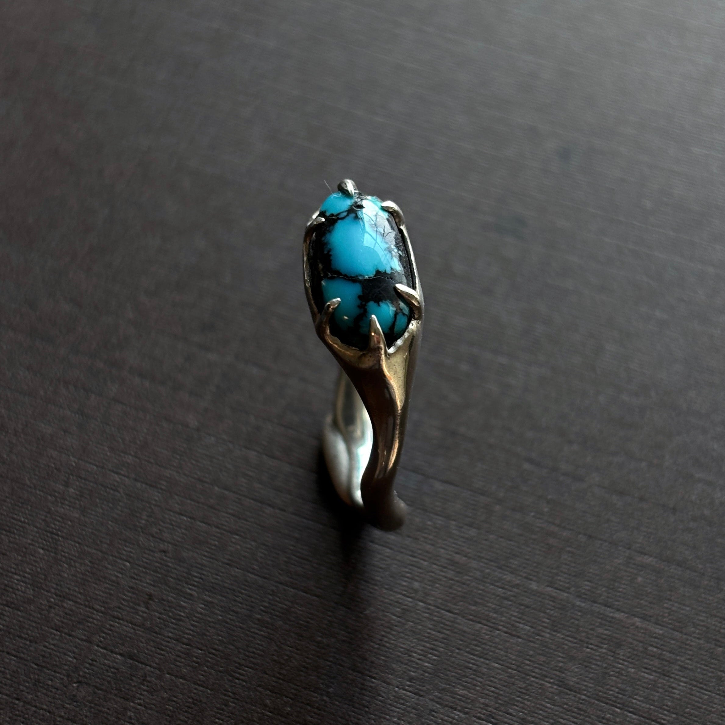 silver and turquoise ring on a brown background.