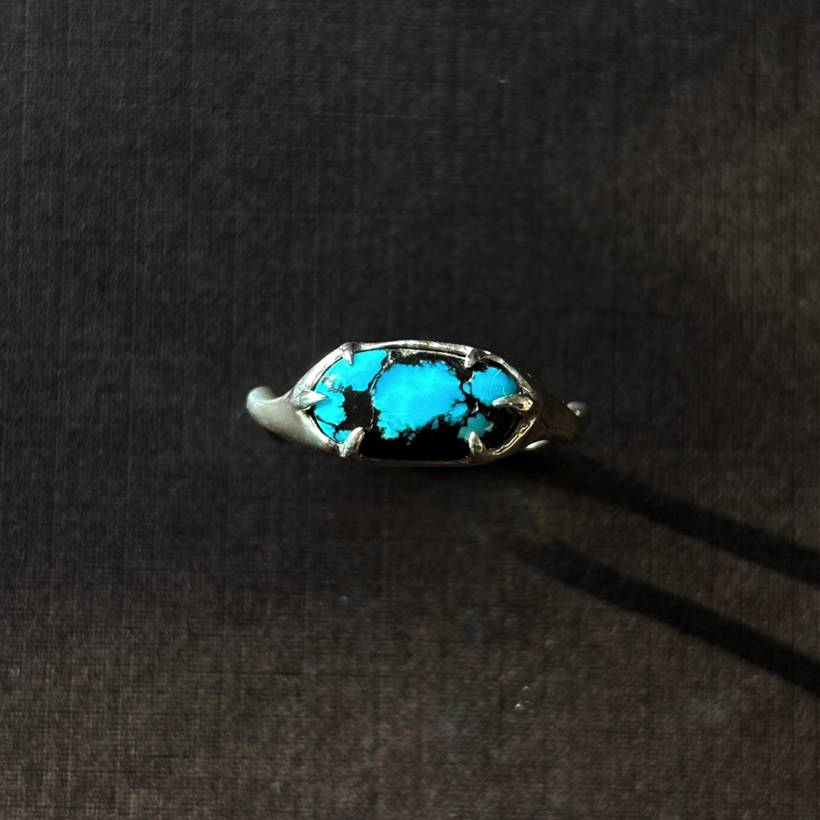 silver and turquoise ring on a brown background.
