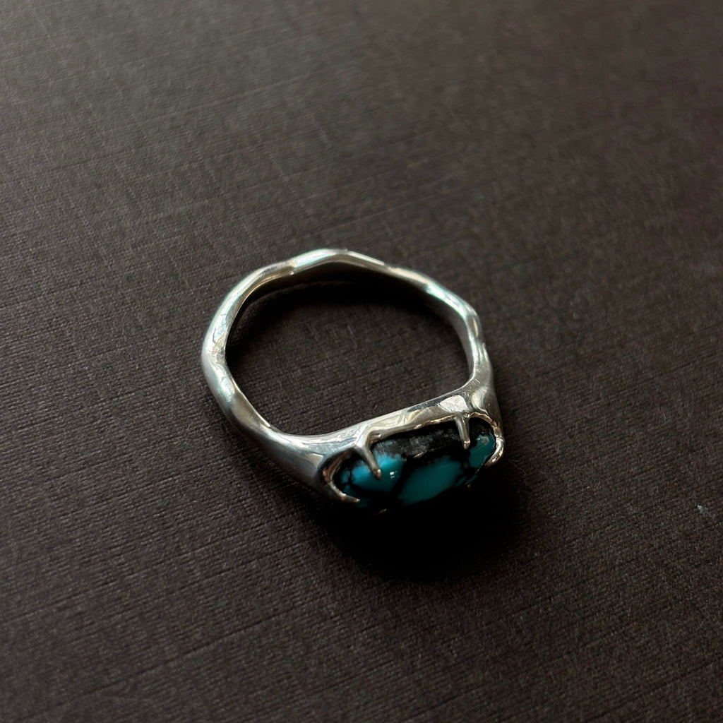 silver and turquoise ring on a brown background.