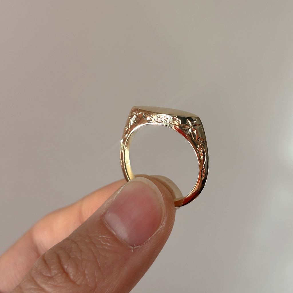 Hand Engraved Floral Signet Ring (Made to Order)